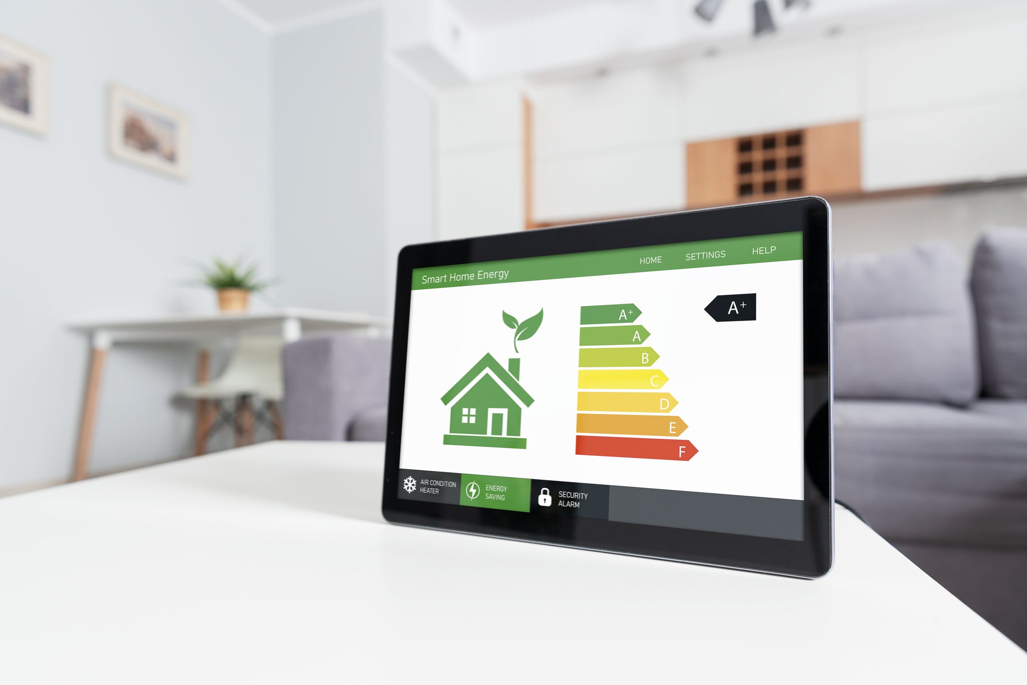 Energy efficiency mobile app on screen, eco house