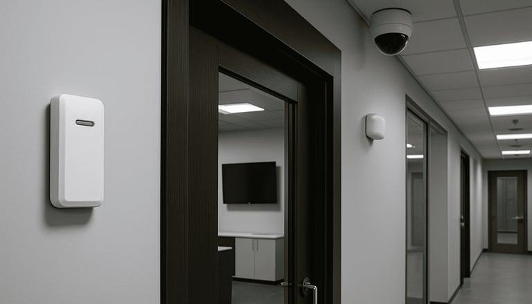 Couloir de bureaux avec lecteur d’accès, caméra et détecteur