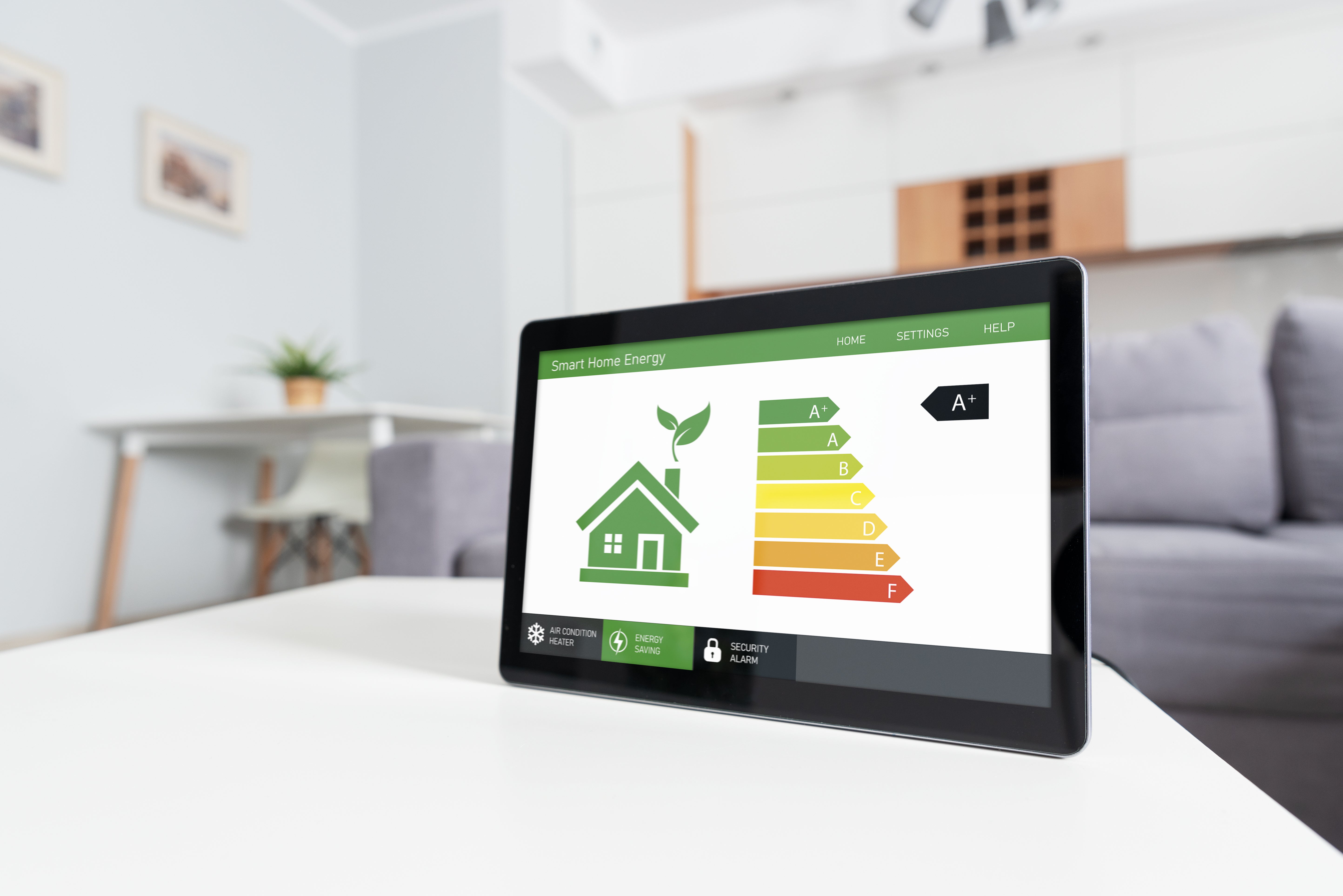 Energy efficiency mobile app on screen, eco house