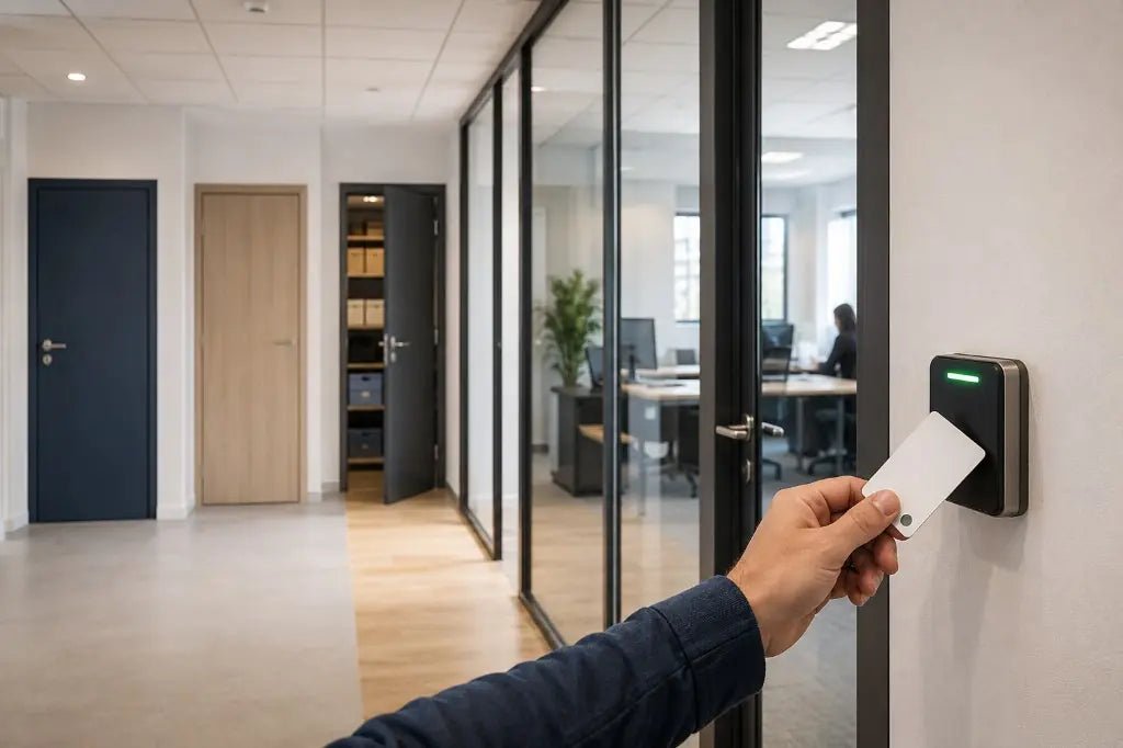 Badge présenté devant un lecteur de contrôle d’accès dans des bureaux