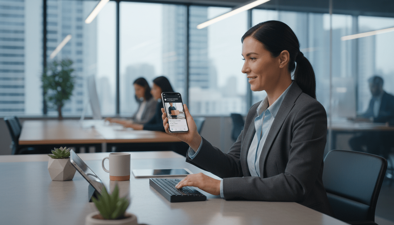 Femme qui reçoit une alerte sur son smartphone au travail