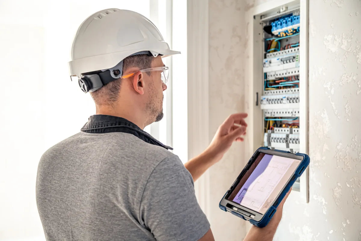 Technicien contrôlant les équipements d’un bâtiment avec une tablette