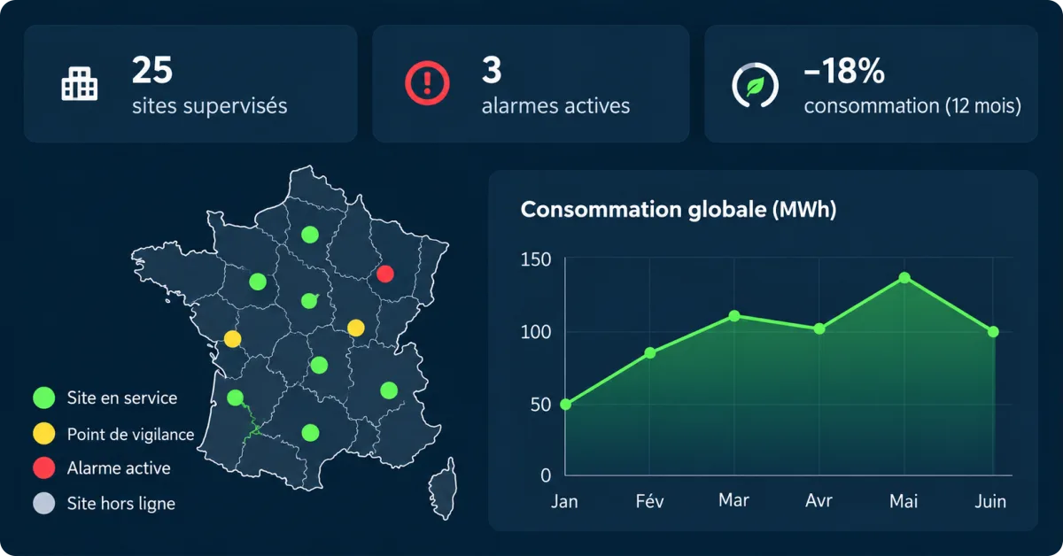 Tableau de bord de supervision multisite avec carte des implantations et suivi des consommations