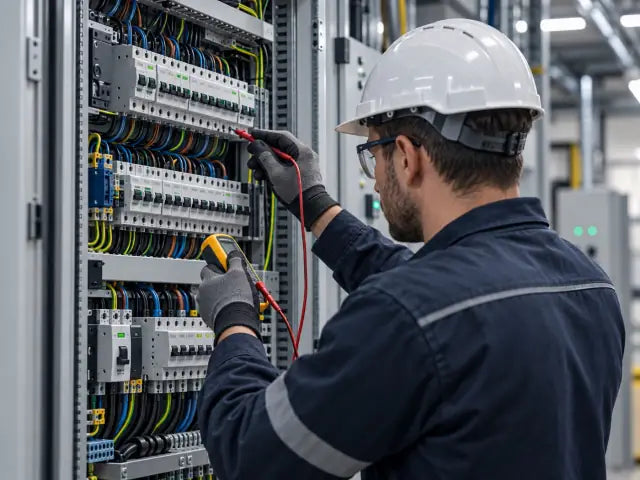 Électricien intervenant sur un tableau de distribution tertiaire