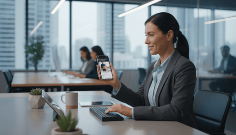 Femme qui reçoit une alerte sur son smartphone au travail